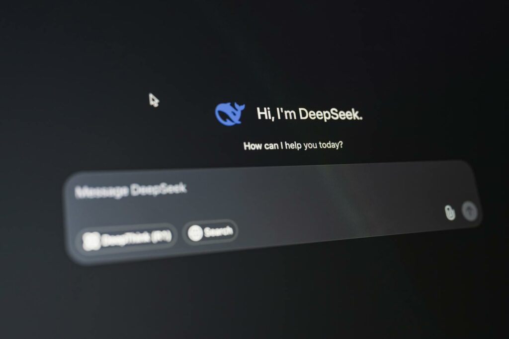 A detailed view of the DeepSeek AI interface, displaying a welcoming message on a dark background.